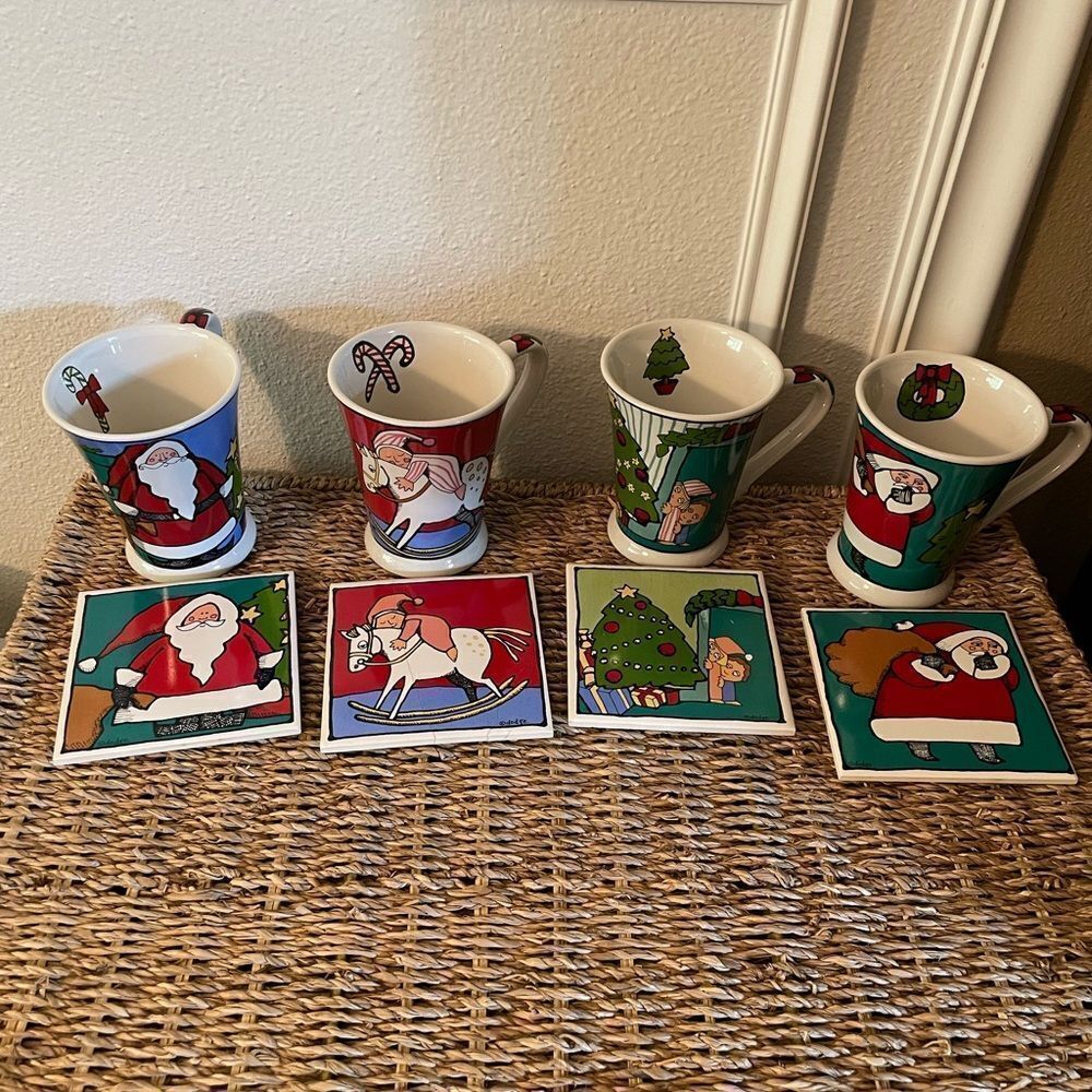 Ursula Dodge Christmas Themed Cups and Coordinating Coasters set of 4